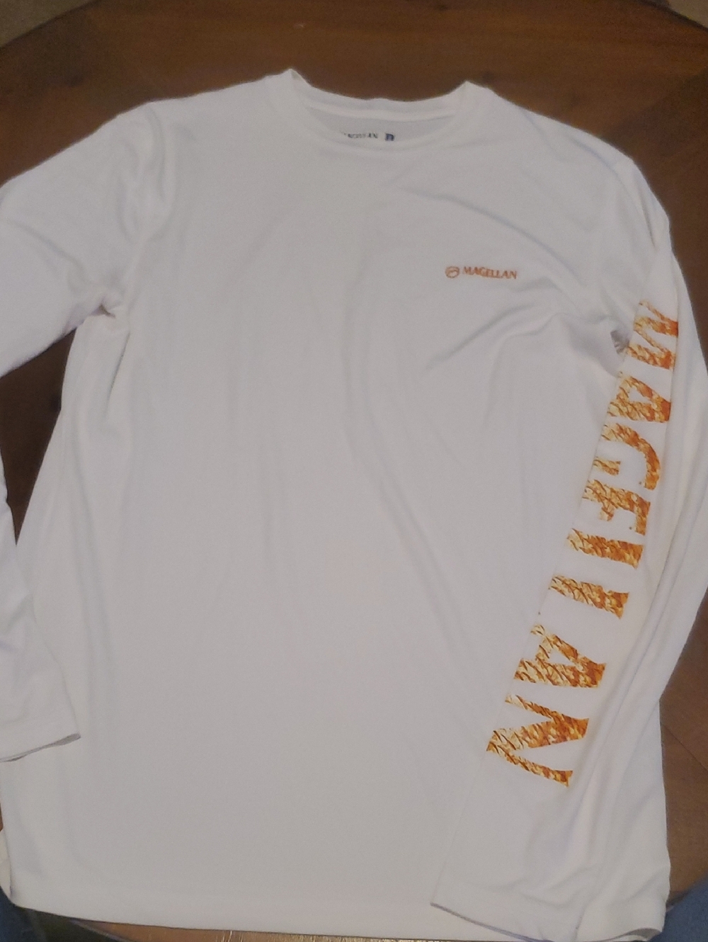 Magellan Outdoors White Long-Sleeve Shirt with Orange Sleeve Print